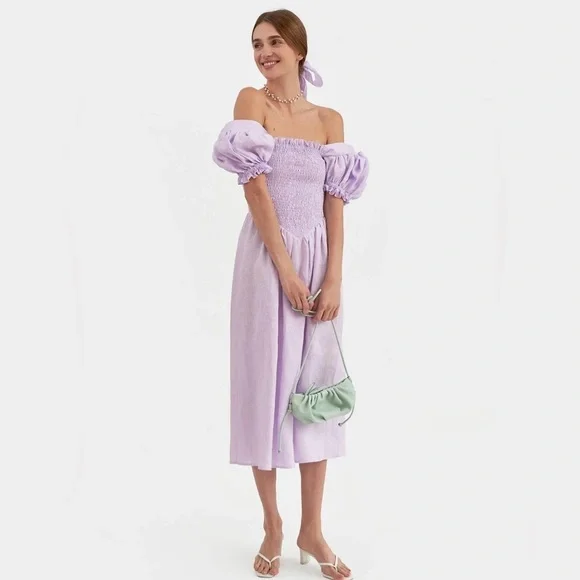 NWT Sleeper Belle Dress Linen Lavender Medium with matching hair tie/bow - Picture 1 of 4